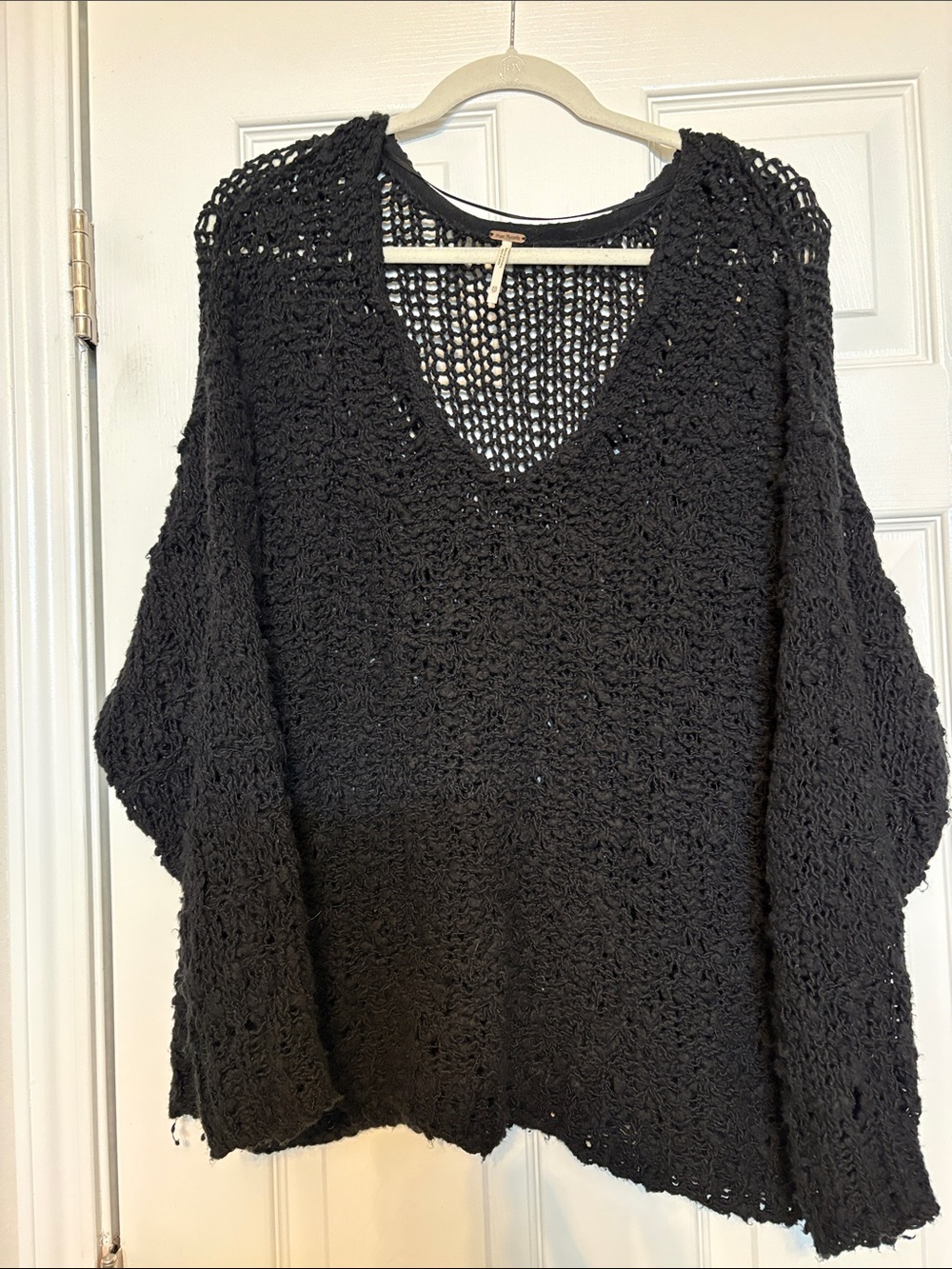 Free People Oversized Open-Knit V-Neck Sweater in Black